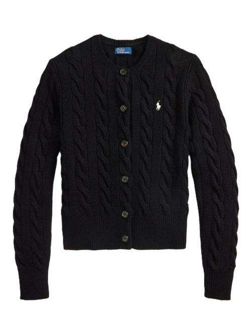 Cardigan girocollo in maglia di lana e cashmere a trecce nero con ricamo Pony Polo Ralph Lauren | 211-972104-005POLO BLACK